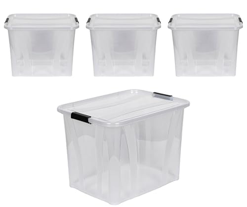 Kreher® XL Aufbewahrungsboxen mit Deckel aus Lebensmittel-geeignetem Kunststoff in Transparent. Stapelbare Lagerboxen für Haushalt, Garage, Industrie (55 Liter, 4er Set) von Kreher