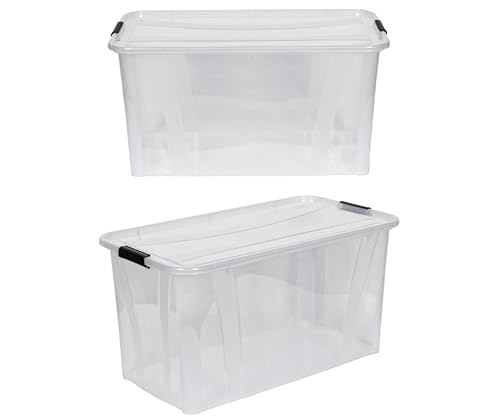 Kreher® XL Aufbewahrungsboxen mit Deckel aus Lebensmittel-geeignetem Kunststoff in Transparent. Stapelbare Lagerboxen für Haushalt, Garage, Industrie (80 Liter, 2er Set) von Kreher