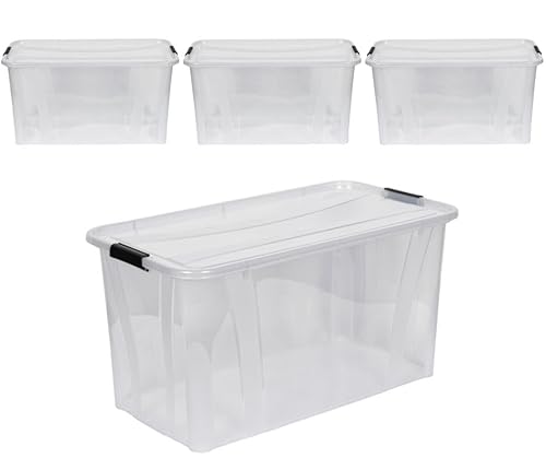 Kreher® XL Aufbewahrungsboxen mit Deckel aus Lebensmittel-geeignetem Kunststoff in Transparent. Stapelbare Lagerboxen für Haushalt, Garage, Industrie (80 Liter, 4er Set) von Kreher