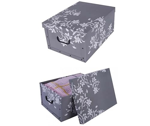 Kreher® 2 Stück Aufbewahrungsbox mit Deckel, Deko Papp-Karton, Stapelbox, 45 Liter mit Griffen, 51 x 37 x 24 cm (Barock Blume Grau) von Kreher