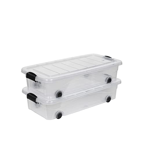 Kreher 2 Stück Rollbox Unterbettbox mit Deckel 30 Liter in Transparent (einsehbar). Maße: 78 x 39,4 x 17,7 cm von Kreher