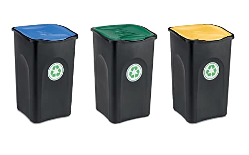 Kreher 3 Stück Abfalleimer 50 Liter mit Deckel in verschiedenen Farben für optimale Mülltrennung (Grün, Gelb und Blau). Abwaschbar und leicht zu reinigen! von Kreher
