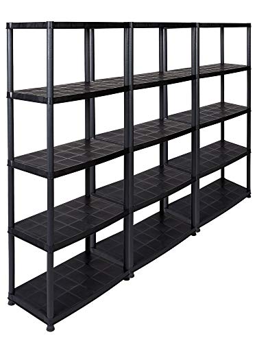 Kreher 3 Stück Kunststoffregal, Kellerregal, Lagerregal in Schwarz mit 5 Böden, max. 150 kg Traglast pro Regal. 71 x 38 x 171 H cm. TÜV Rheinland von Kreher