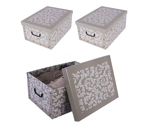 Kreher 3 Stück XL 45 Liter Deko-Kartons, Ordnungsboxen, Stapelboxen mit Deckel und Griffe, 51 x 37 x 24 cm (Barock Blume Provence) von Kreher