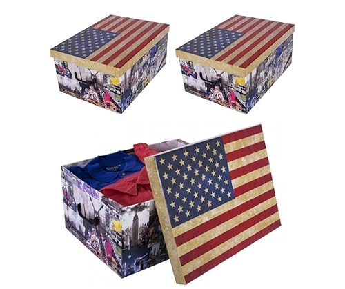 Kreher 3 Stück XL 45 Liter Deko-Kartons, Ordnungsboxen, Stapelboxen mit Deckel und Griffe, 51 x 37 x 24 cm (USA_New York) von Kreher
