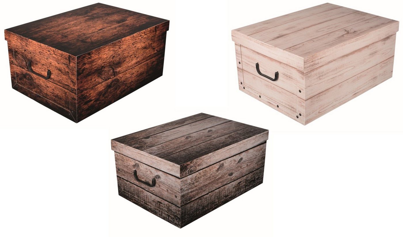 Kreher Aufbewahrungsbox Set: 3 x Dekokarton - Motiv: Holz Dunkel/ Shabby/ White von Kreher