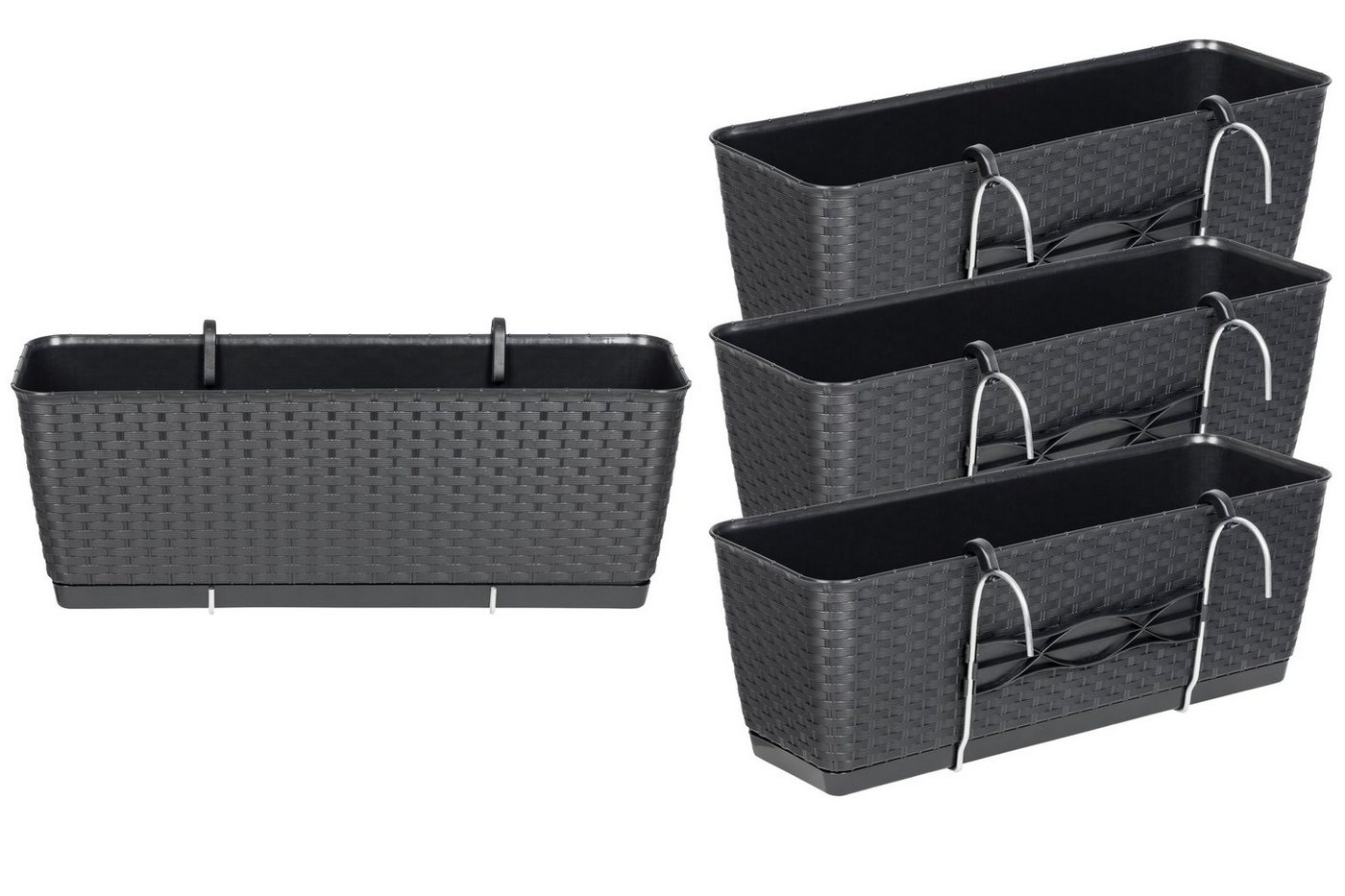 Kreher Blumenkasten Set: 4 x Stück Rattan-Balkontopf RATOLLA: 50 cm in Anthrazit, Rattan Optik, Abwaschbar und leicht zu reinigen von Kreher