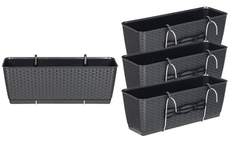 Kreher Blumenkasten Set: 4 x Stück Rattan-Balkontopf RATOLLA: 50 cm in Anthrazit, Rattan Optik, Abwaschbar und leicht zu reinigen von Kreher