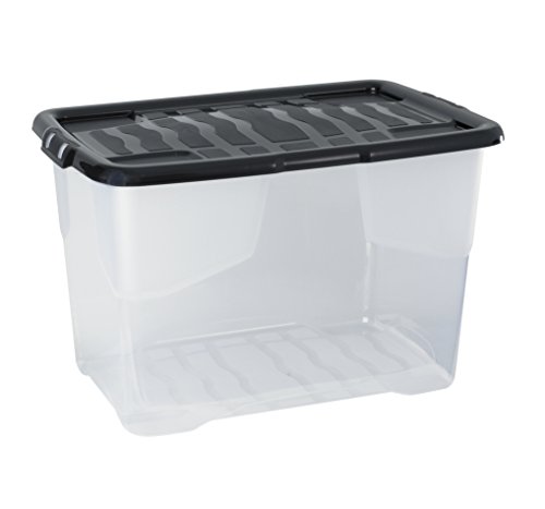 Kreher Robuste Aufbewahrungsboxen mit Deckel, Ordnungsbox Kunststoff, Transparent für Haushalt, Keller, Garage, Camping - verschiedene Größen (65 Liter) von Kreher