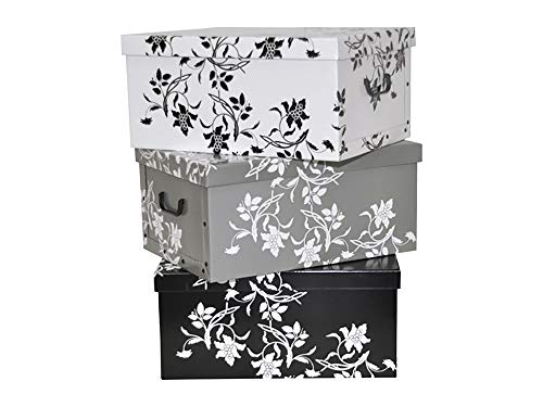 Kreher 3 Stück XL 45 Liter Deko-Kartons, Ordnungsboxen, Stapelboxen mit Deckel und Griffe, 51 x 37 x 24 cm (Barock Schwarz, Weiss, Grau) von Kreher