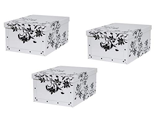 Kreher Set 3 Stück Deko Karton Barock Blumen.Stabile Kartons aus Pappe in Weiß mit schwarzer Blumenranke. XL Volumen mit Kunststoff Griffen und Deckel. Preiswert und schön. Maße ca. 51 x 37 x 24 cm von Kreher