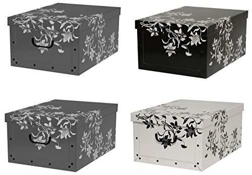 Kreher Set 4 Stück Deko Karton "Barock Blumen".Stabile Kartons aus Pappe in Schwarz, Weiß und Grau. XL Volumen mit Kunststoff Griffen und Deckel. Preiswert und schön. Maße ca. 51 x 37 x 24 cm von Kreher