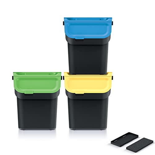 Kreher Set: 3 x Stapelbarer Mülleimer | Mülleimersystem | Abfalltrennsystem mit Deckel und Aktivkohlefilter, Nutzvolumen 20 Liter, aus robustem Kunststoff. von Kreher