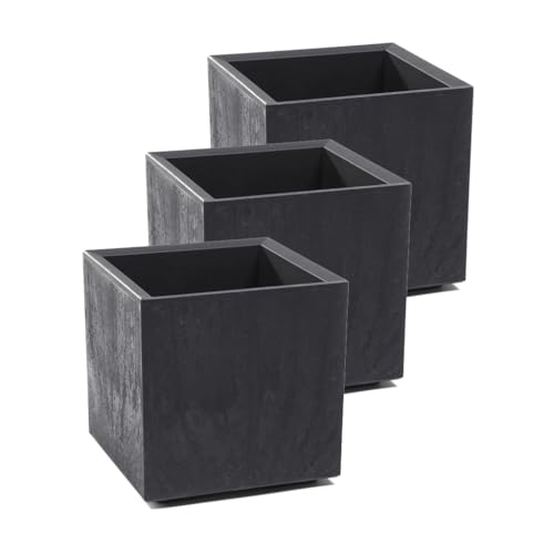 Kreher Set: 3 x XL Pflanzkasten Karo – 13 Liter, edles Anthrazit, Moderne Beton-Optik in Grau oder Anthrazit, aus robustem, recyceltem Kunststoff von Kreher