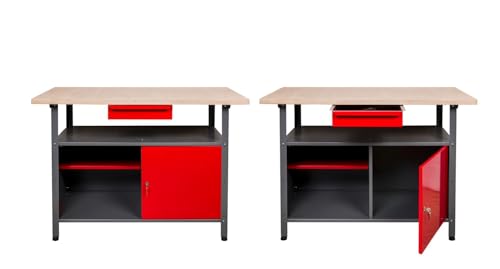 Kreher Werkbank Set 2tlg. mit 2 Werkbänken aus Metall. Jeder Werktisch mit abschließbarer Tür, Schublade, Einlegeboden und Gewindefüßen. Maße pro Tisch BxTxH ca. 120 x 60 x 85 cm. von Kreher