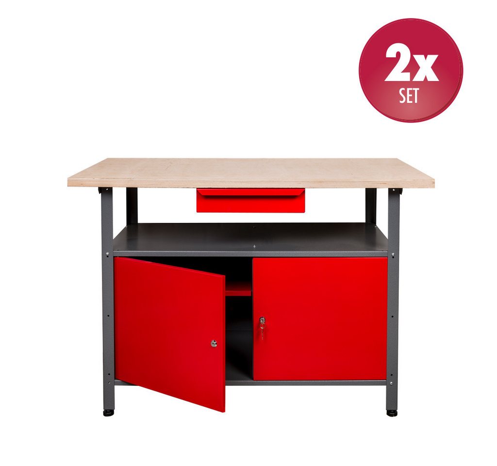Kreher Werkbank XL 2er Set aus Metall mit 2 Tür in Rot, (2-tlg) von Kreher