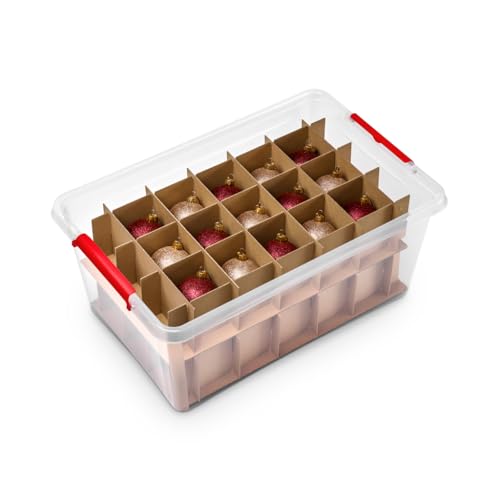 Kreher X-Mas Aufbewahrungsbox 40 Liter für Christbaumkugeln, Adventsschmuck, Weihnachtsdekoration. Mit praktischen Einteilern für ca. 30 Kugeln. Transparent mit rotem Deckel. (2) von Kreher