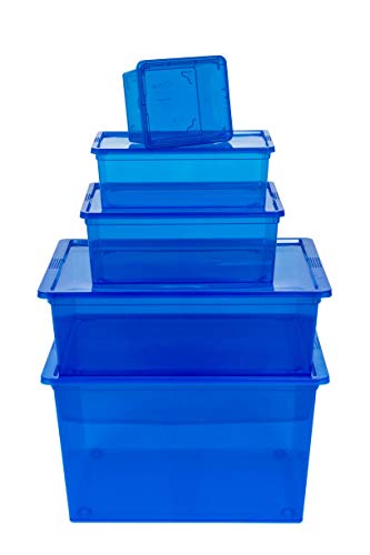 Kreher XL Aufbewahrungsboxen Set. 5 Boxen von 2,5 bis 50 Liter mit Deckel. In transparentem Blau. Preiswert und praktisch. von Kreher
