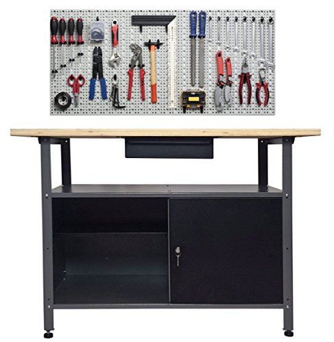 Kreher XL Werkstatt mit Werkbank 120 x 60 x 85 H cm mit Einer Tür und Schublade sowie XXL Werkzeugwand 120 x 46 mit Haken Set 52 Teile. Aus Metall, solide Ausführung! von Kreher