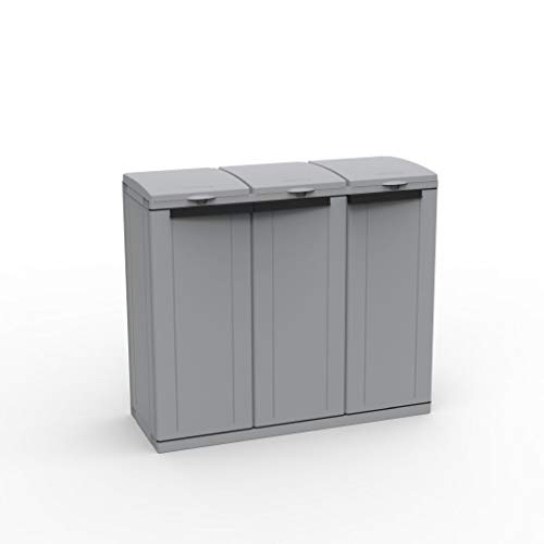 Kreher XXL Gartenschrank, Müllbox mit 3 Türen und Halterung für Müllsäcke. Aus Kunststoff in Grau. Mit Deckel und Türen. Praktisch und Preiswert. von Kreher