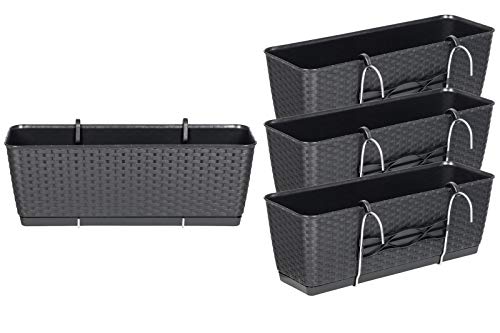 Kreher® Pflanzkasten Set bestehend aus 4 Balkonkästen mit Metallhalterung. Aus robustem Kunststoff im Rattan Design in Anthrazit. Maße jeweils 50 x 17 x 17 cm von Kreher