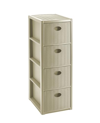 Rollbarer Schubladenschrank aus Kunststoff in Rattan-Optik mit 4 Schubladen. Maße: 30x40x81 cm. In verschiedenen Farbe (Kaschmir Beige) von Kreher