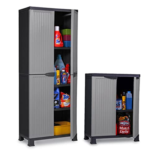 Set: Großer + mittlerer Kunststoffschrank der Noble-Serie mit verstellbaren Einlegeböden und je 20kg Tragkraft Schwarz von Kreher