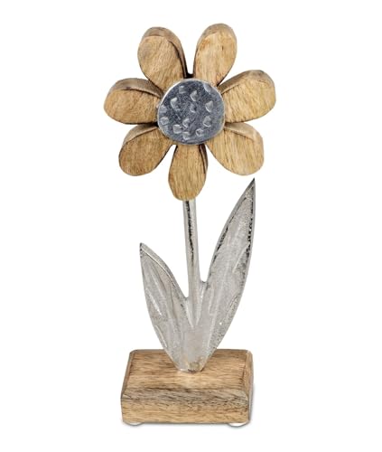 Kremers Schatzkiste Deko Blume Aluminium Mangoholz Sockel 24x11cm Dekoaufsteller Tischdeko Silber Matt Skulptur Moderne Wohndeko Blumen-Figur Geschenkidee Wohnzimmer Büro von Kremers Schatzkiste
