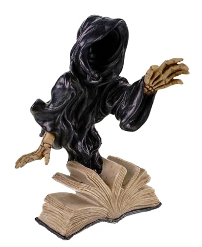 Kremers Schatzkiste Dekofigur Grimreaper liest Buch mit LED Licht Mehrfarbig 21m Figur Polyresin Gothic Deko Geschenk Skulptur Totenschädel von Kremers Schatzkiste