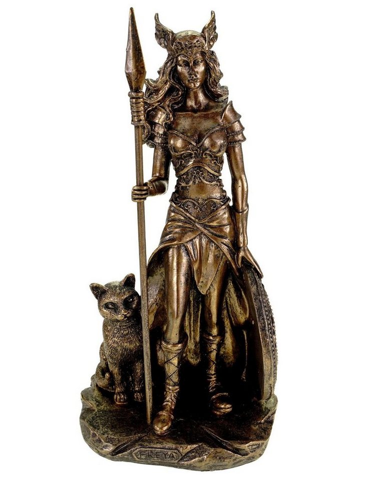 Kremers Schatzkiste Dekofigur Göttin Freya in Rüstung mit Speer und Schild und Wildkatze Figur Odin von Kremers Schatzkiste