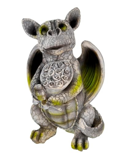 Kremers Schatzkiste Gartenfigur Süsser Drache mit Blumenstrauss 25cm Dekoration Deko für den Garten Drachenfigur Vaklentinstag Geschenk von Kremers Schatzkiste