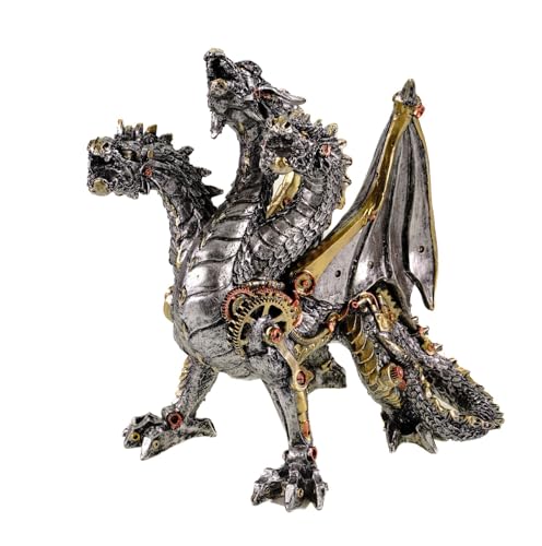 Kremers Schatzkiste Dreiköpfiger Drache Steampunk Figur Polyresin Deko Skulptur Mehrfarbig 21x14x18cm, Vintage Drachen Statue von Kremers Schatzkiste