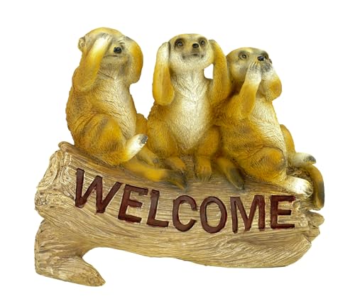 Kremers Schatzkiste Erdmännchen 3 Weisen Welcome Schild Figur Gartenfigur 24 cm Meercat Tierfigur Deko für draussen von Kremers Schatzkiste