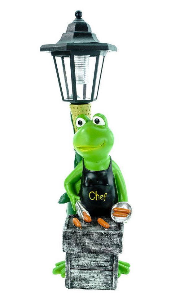 Kremers Schatzkiste Gartenfigur Frosch Grillmeister mit LED Solarlaterne und Chef Schürze von Kremers Schatzkiste