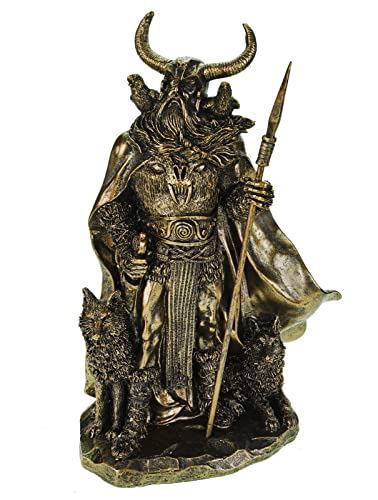 Kremers Schatzkiste Odin Figur mit Raben Hugin Munin und Wölfen Geri Freki 36cm Nordische Mythologie Dekofigur - Polyresin Götter Skulptur - Geschenk Wikinger Deko von Kremers Schatzkiste