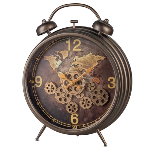 Kremers Schatzkiste Standuhr Weltkarte mit sichtbar beweglichen Zahnrädern 50 cm Metall Batteriebetrieben Dekorative Uhr Industrial Vintage Style Modern Clock von Kremers Schatzkiste