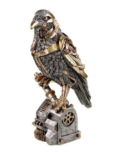 Kremers Schatzkiste Steampunk Rabe Figur Polyresin Deko Skulptur 28cm Schwarzer Vogel mit Goldelementen | Handbemalt | Detailreiche Statue | Wohnzimmer Büro Dekoration von Kremers Schatzkiste