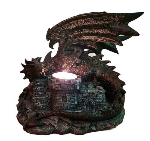 Kremers Schatzkiste XXL Teelichthalter Drache Burg - Drachenwächter Figur Gothic - Fantasy Deko - Kerzenhalter Mittelalter Skulptur Geschenk - 18x19x15 cm Polyresin von Kremers Schatzkiste