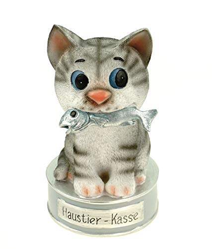 Kremers Schatzkiste Spardose Haustierkasse Katze mit Fisch Handbemalt Polyresin 17x10x10cm - Geschenkidee für Tierfreunde - Sparen für Tierarzt, Leckerlies, Notfälle von Kremers Schatzkiste