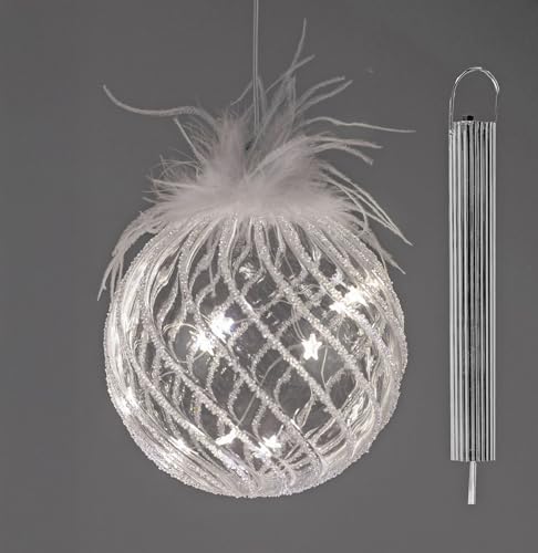 Weihnachtskugel LED Timer Glaskugel 12cm zum Hängen Hängedeko Glas weißen Federn & Licht - Batteriebetrieben -Elegante LED Kugel als festliche Weihnachtsbeleuchtung & Lichtdeko für Zuhause von Kremers Schatzkiste