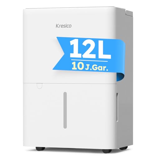 Kresico Luftentfeuchter elektrisch 12L/24H, Entfeuchter elektrisch Keller, Raumentfeuchter elektrisch 35dB für Räume bis zu 122m³/25m², Timer, 1M Ablaufschlauch, Filter, 10 J. Gar von Kresico