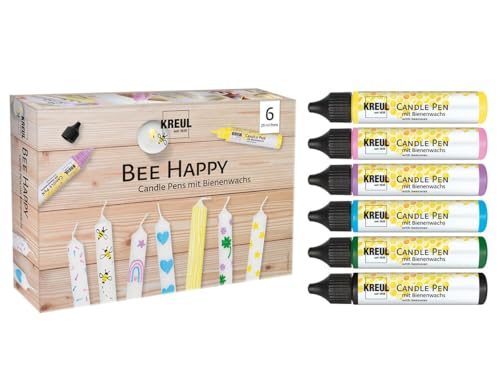 Kreul 49757 - Candle Pen 6er Set Bee Happy, 6 x 29 ml, feine Malspitze, Farben mit Bienenwachs zum Verzieren & Bemalen von Kerzen, Trocknungszeit ca. 8 Stunden von Kreul