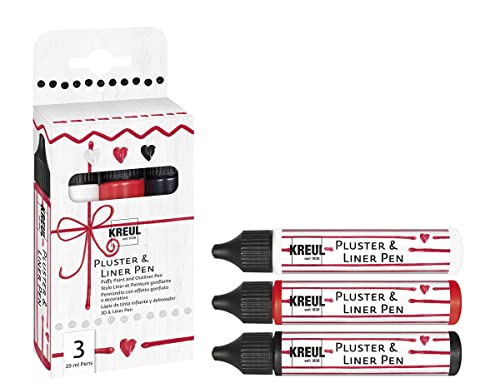 KREUL 49830 - Pluster & Liner Pen 3 x 29 ml in weiß, erdbeere und schwarz, Plusterfarbe zum Dekorieren und Verzieren, 3D Dekoeffekte durch Aufplustern im Backofen, mit Bügeleisen oder Fön von Kreul