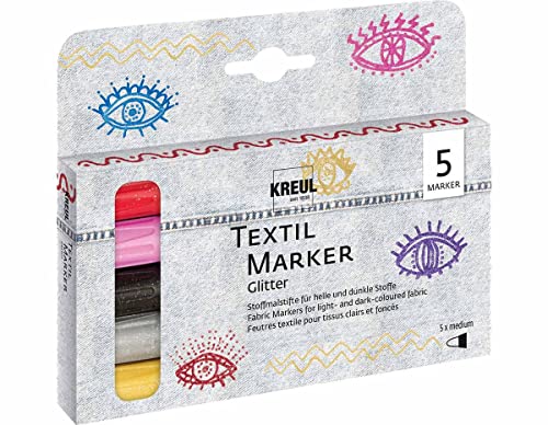 KREUL 92651 - Textil Marker Set Glitter, medium, 5 Stück, Strichstärke 2 bis 4 mm, auf Wasserbasis, halbdeckende Stoffmalstifte mit Glitzereffekt KREUL 92651 - Textil Marker Set Glitter, medium, 5 Stück, Strichstärke 2 bis 4 mm, auf Wasserbasis, halbdeckende Stoffmalstifte mit Glitzereffekt von Kreul