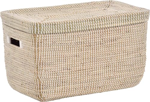 Handgearbeiteter Seegras Dekokorb mit Deckel zur Aufbewahrung Flechtkorb Truhe Natur mit weißen Wicklungen Rund Box (Hell Natur, Truhe 57x33x35cm) von Krines Home