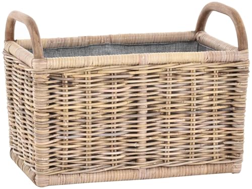 Holz Tragekorb mit Griffen Holzkorb mit Inlett Aufbewahrung Rattan Korb mit Henkel (Grau Natur, Klein) von Krines Home