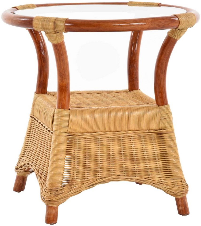 Krines Home Beistelltisch Rattan Beistelltisch mit Glasplatte Kaffeetisch Wohnzimmer Tisch, aus Rattan Naturmaterial von Krines Home