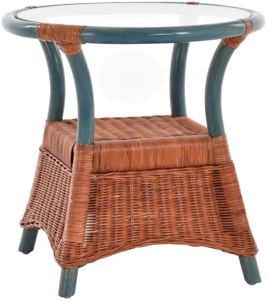 Krines Home Beistelltisch Rattan Beistelltisch mit Glasplatte Kaffeetisch Wohnzimmer Tisch, aus Rattan Naturmaterial von Krines Home