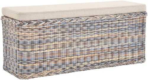 Krines Home Breiter Rattan Wäschekorb 115cm mit Deckel Wäschetruhe XXL Sitzbank schmal Flur Bank Sitzhocker Wäschesammler Sitz-Truhe Natur (Mehrfarbig, Rechteckig 115cm) von Krines Home