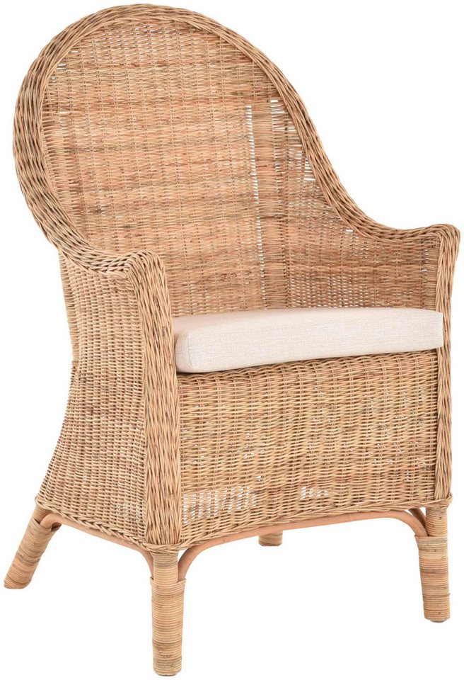 Krines Home Esszimmersessel Korbstuhl mit hoher Rückenlehne und Armlehne Armlehnstuhl Natur Rattan, Sessel gerader Rücken mit Kissen von Krines Home